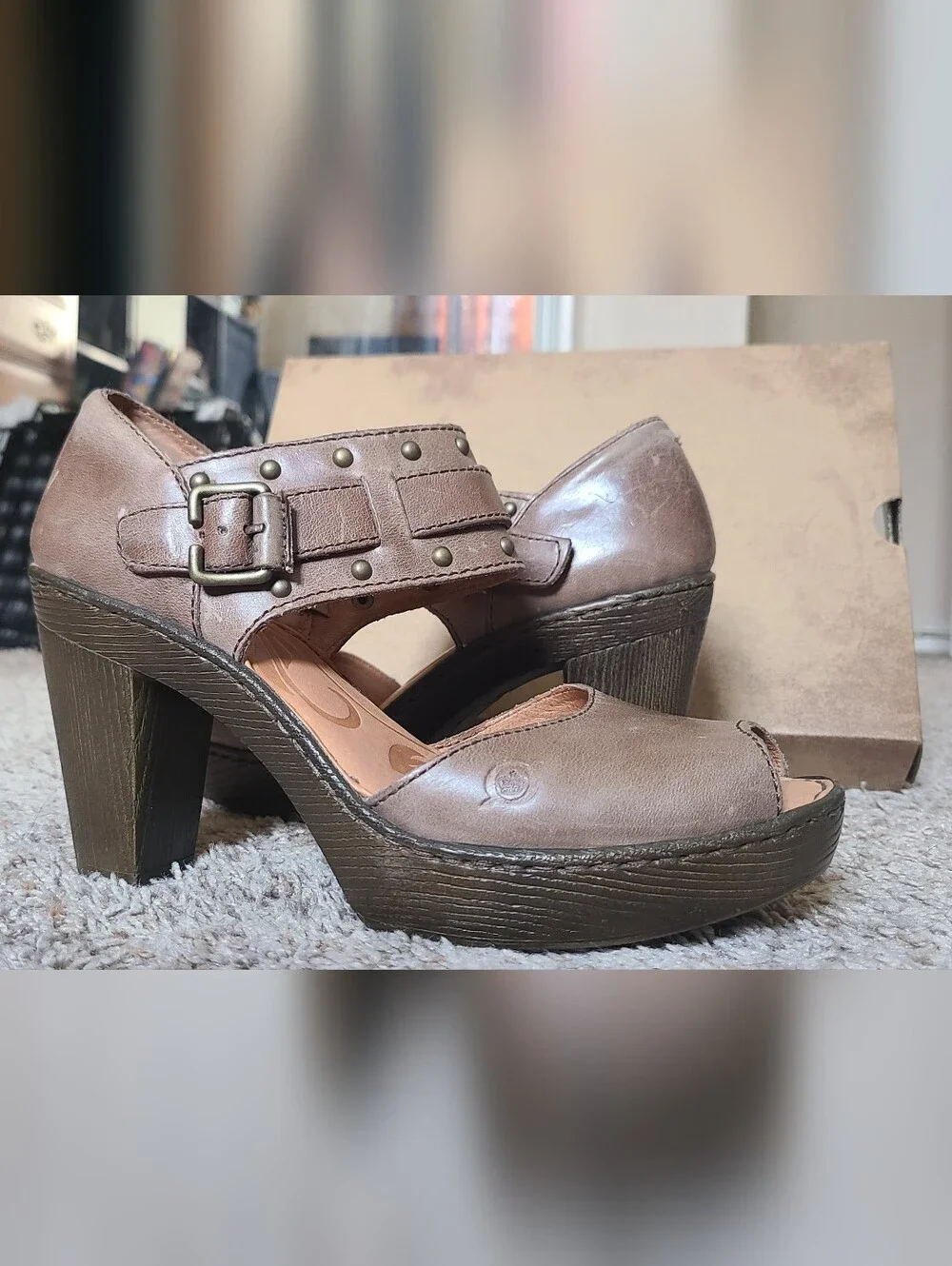 Women’s Taupe Leather Platform Heels with Buckle Strap